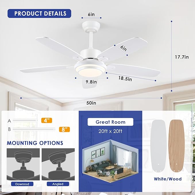 Ceiling Fan with Light and Remote/APP Control,50" Modern Indoor Ceiling Fan with DC Reversible Motor, Quiet 6 Speeds Flush Mount Ceiling Fan Light for Bedroom,Dinnig Room,White