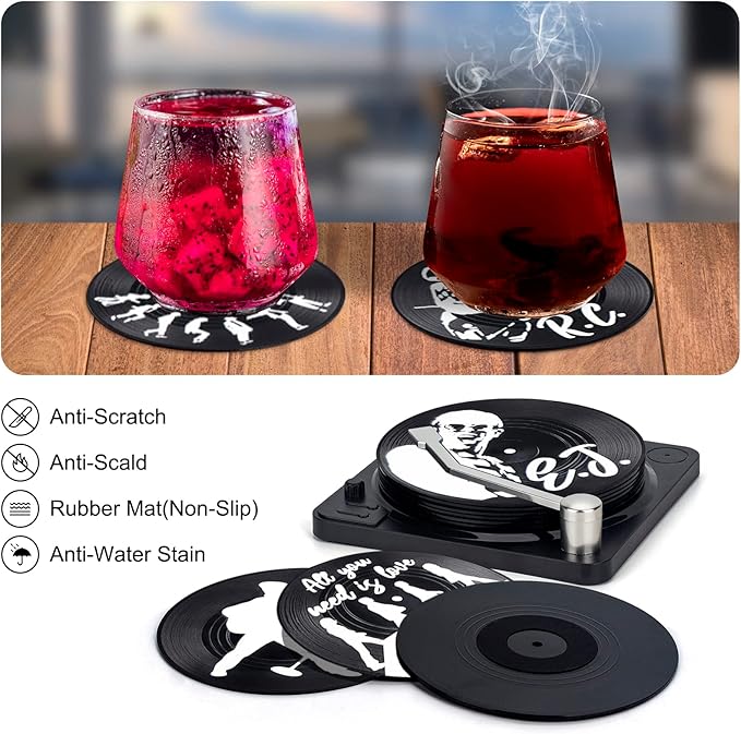 Valdivia Retro Vinyl Record Coasters with Player, 6 Pcs Music Coasters for Drinks, Bars, Cool Apartment Decor and Funny Housewarming Gifts New Home Presents for Music Lovers, Birthday Gifts for Men
