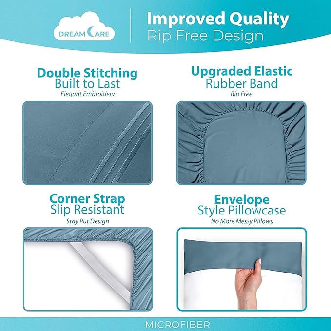 DREAMCARE Full Size Sheets Set - 6 Pcs Deep Pocket Cooling Bed Sheets - Soft, Long Lasting 100% Brushed Microfiber with Side Pocket (Mineral Blue, Full)