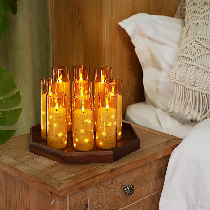 Raycare Flameless LED Candles with Embedded Star String, 9 Pcs Battery Operated Acrylic Pillar Candles with Timer and Remote, Flickering Candle for Romantic Ambiance and Home Decoration(Glod)