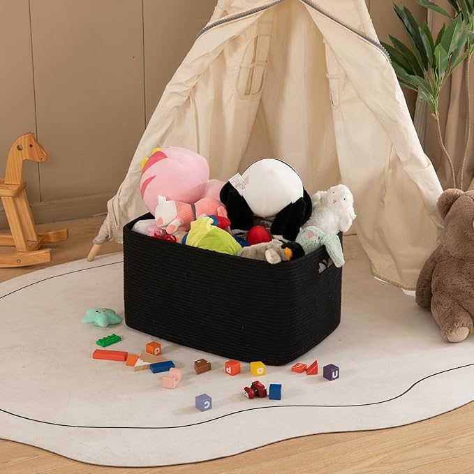 OIAHOMY 75L Large Blanket Basket, Storage Baskets with Handle, Rectangle Woven Cotton Rope Basket, Toy Organizer Bins, 22" x 17"x 12" in,Charcoal Black