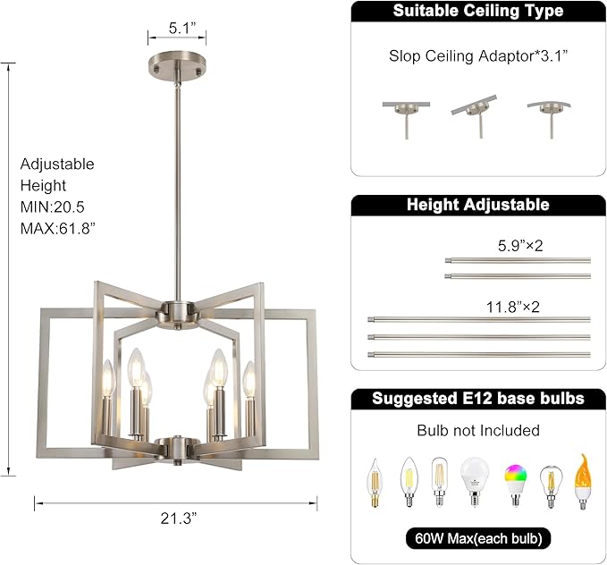 6-Light Modern Metal Geometric Chandelier，Kitchen Island Brushed Nickel Lighting Fixtures，Entryway Light Fixture Hanging Brushed Nickel，Farmhouse for Dining Room Chandelier
