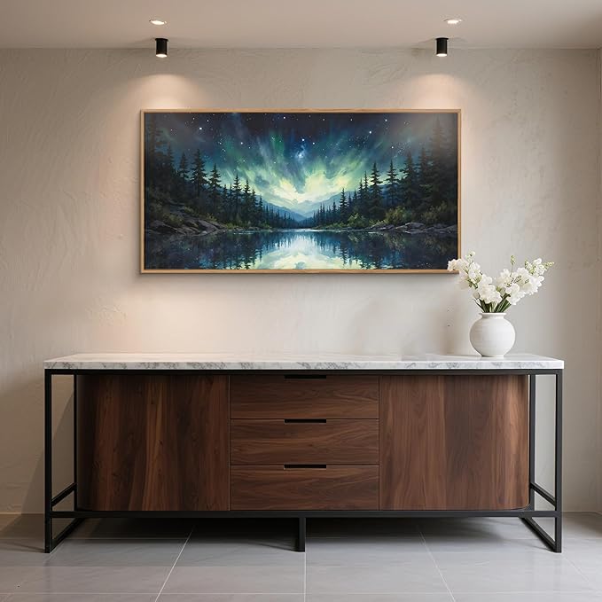 HOURIA Northern Lights Forest Lake Framed Canvas Wall Art Set,Aurora Borealis Mountain Wall Decor,Night Sky Reflective Water Artwork,Modern Wilderness Landscape Prints for Living Room,Office-20"x40"x1
