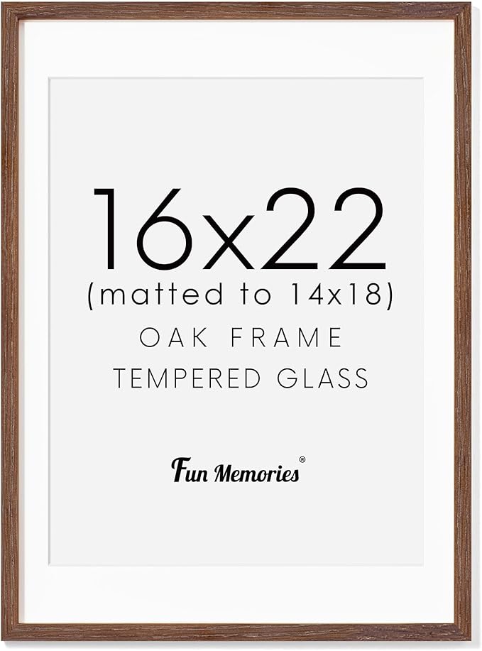 Fun Memories Walnut Solid Oak Wood Frame - 16x22 with Real Glass, Matted to 14x18, Wall Mountable (1 Pack)