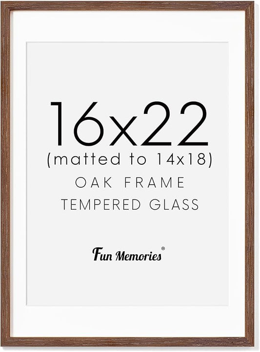Fun Memories Walnut Solid Oak Wood Frame - 16x22 with Real Glass, Matted to 14x18, Wall Mountable (1 Pack)