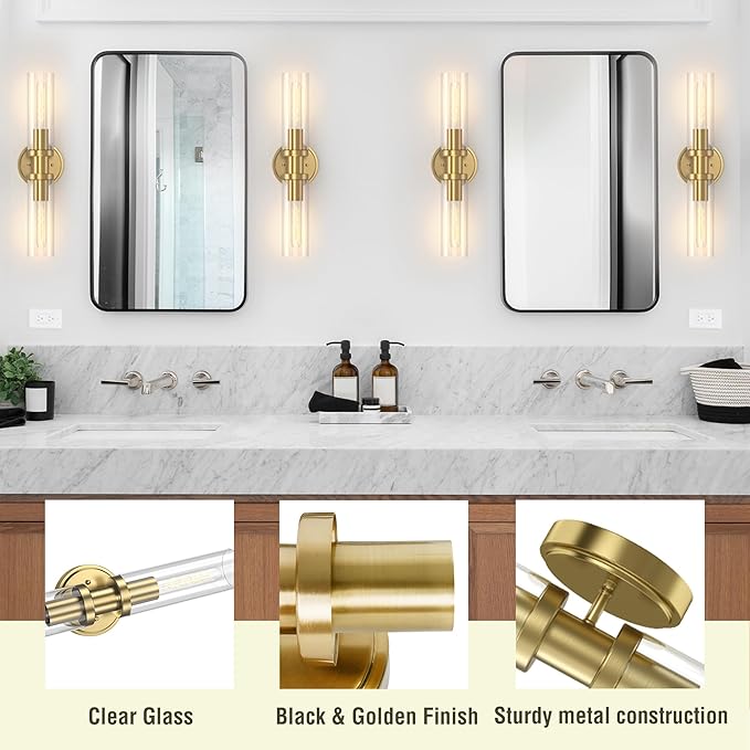 Espird Bathroom Light Fixtures 2-Light Gold, Bathroom Vanity Lights Over Mirror, Wall Sconces, Industrial Lighting, Modern Brushed Gold Vanity Lighting Fixtures w/Glass Shades