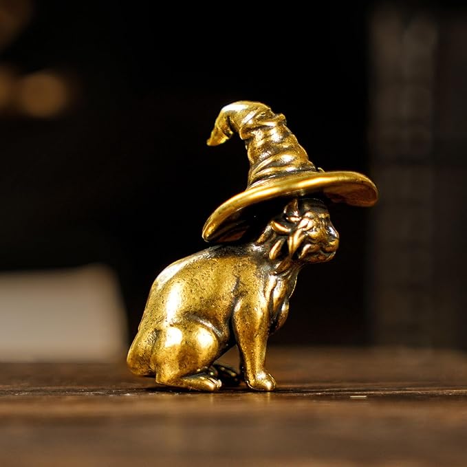 CHOVY Retro Handcrafted Witch Cat Ornament - 100% Solid Brass Desk Decor | Enchanting Feline Sculpture with Wizard Hat Unique Gift for Cat Lovers & Magic Enthusiasts