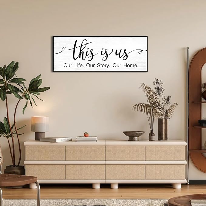 This is Us Wall Decor: 32x12 Inch Framed Canvas Print Family Sign for Bedroom Living Room,Minimalist Art with Quote Our Life Our Story Our Home Signs Modern Farmhouse Wall Art