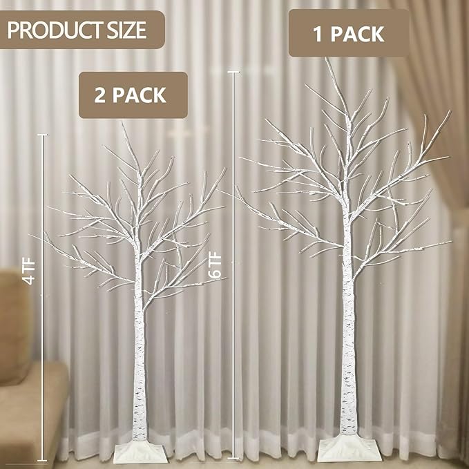 6FT, 5FT and 4FT, Set of 3 Lighted Birch Tree, Higher Size & Timer Function, Birch Christmas Tree with 144 LED Warm White Lights for Indoor Christmas Decorations Outdoor Yard Garden Home Bedroom Party