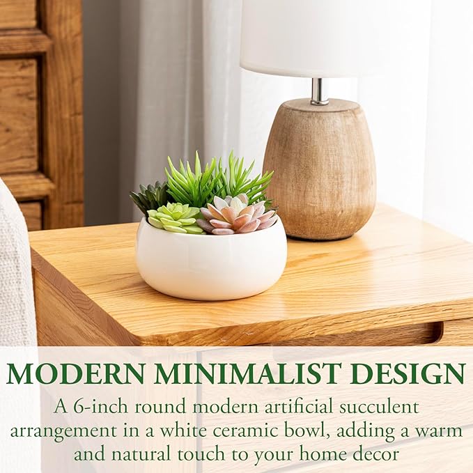 MyGift 6 Inch Round Modern Artificial Succulent Arrangement Potted in White Ceramic Plant Bowl, Assorted Faux Mini Succulents in a Decorative Planter Pot