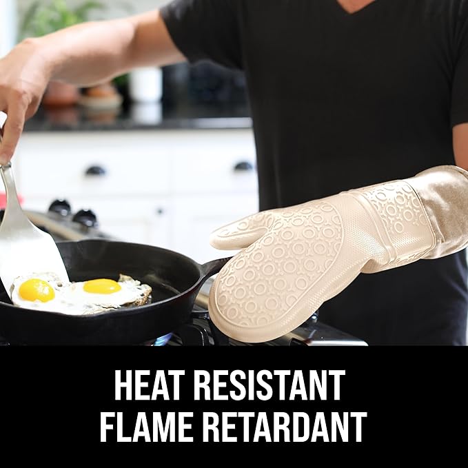 BPA-Free Silicone Oven Mitts Ultra Heat Resistant up to 500°F - Oven Mitts with Thick Cotton Liner - Long Slip Resistant Pot Holders, Flexible Oven Gloves - Beige 14.7