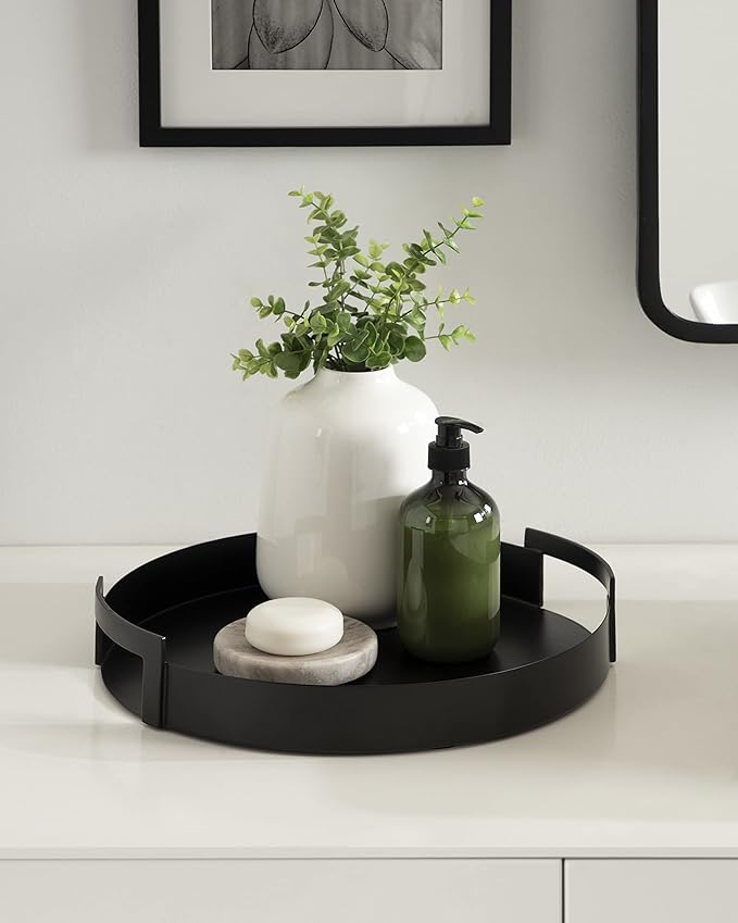 Kate and Laurel Myo Modern Round Metal Tray, 15 x 15, Black, Decorative Circular Tray for Storage and Display