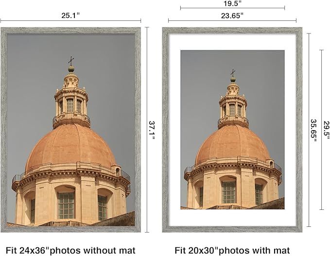 Vittanly 24x36 Poster Frame for Wall, Plexiglass, Displays Picture 20x30 with Mat or 24x36 without Mat, PVC Frame Material, Horizontal or Vertical Hanging, 1 Pack, Grey
