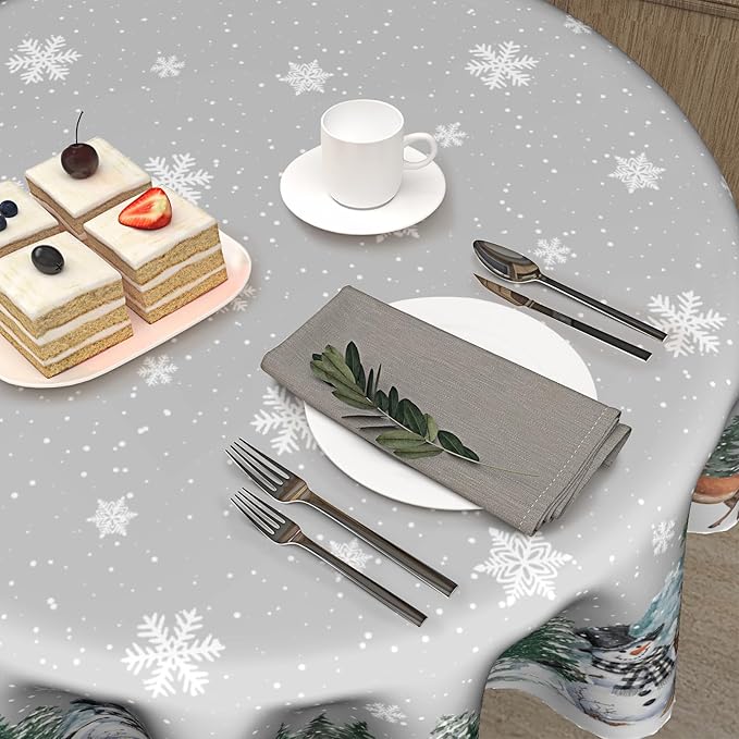 Winter Snowflake Round Tablecloth 60 Inch Winter Deer Pinetree Decoration Table Cloth Winter Woodland Decorative Table Cloth Holiday Tablecloths Christmas Snowman Table Cover for Home Kitchen Dinner
