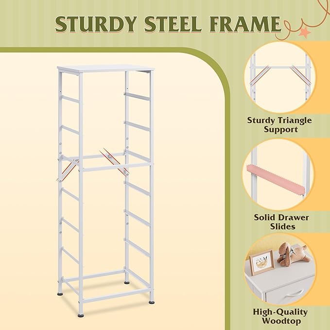 WLIVE White Tall Dresser for Bedroom, 7 Drawer Dressers & Chests of Drawers, Fabric Dresser for Closet, Living Room, Night Stand with Metal Frame, Storage Tower with Fabric Bins, Wood Top