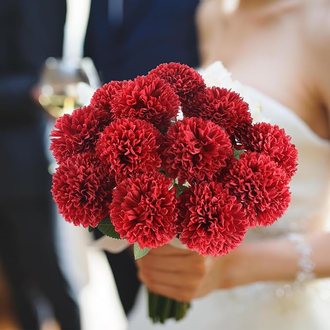 Hananona 12 Pcs Artificial Chrysanthemums Flowers Burgundy Red Flowers, Fake Mums Silk Flowers for Spring Home Decor Christmas Floral Arrangement Halloween Table Centerpiece (12, Burgundy)