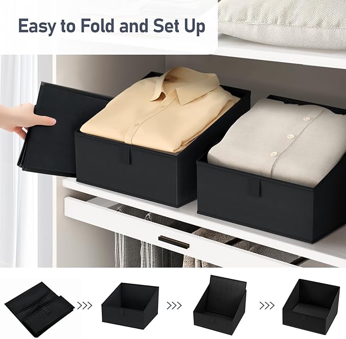 DIMJ Trapezoid Storage Bins for closet shelves, Closet Organzier Bins with Handle, Foldable Closet Storage Bins Basket, Closet Organizers and Storage for Toys, Books, 6 Packs, Black