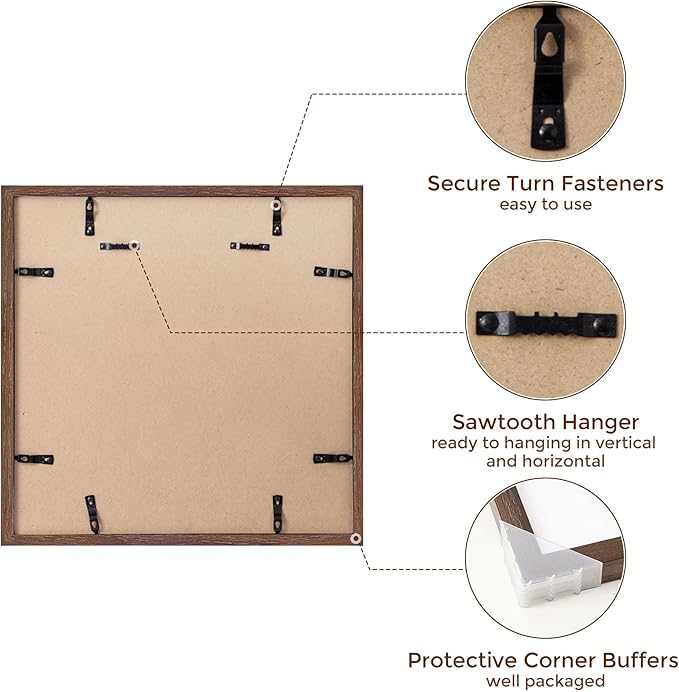 16x16 Picture Frames for Wall, Square Picture Frame 16 x 16 - Solid Oak Wood, Tempered Glass, 16x16 Frame Matted to 12x12, 16"x16" Wood Photo Frames - Walnut Color, 1 Pack