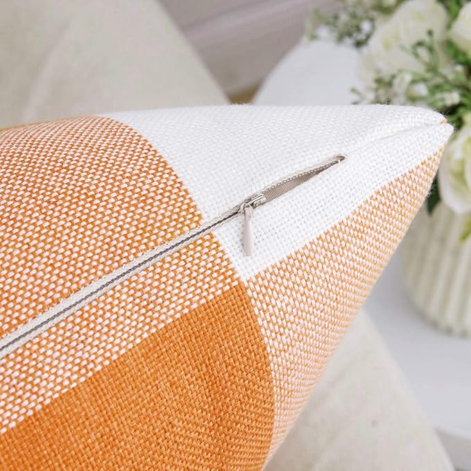 MIULEE Pack of 2 Fall Throw Pillow Covers Decorative Classic Farmhouse Buffalo Check Plaids Linen Soft Pillow Case Orange and White Cushion Case for Sofa Bedroom Outdoor 20 x 20 Inch