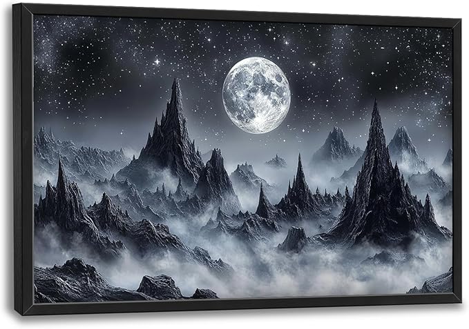 Olivine Mountain Large Wall Art, Moon Pictures Wall Decor, Nature Landscape Paintings, Night Mountains Canvas Prints, Framed Artwork for Dining Room Bedroom Living Room Office Bathroom Home 36"x24"