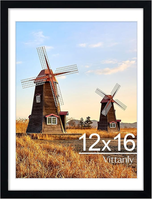 Vittanly 12x16 Picture Frame, Display Poster 11x14 with Mat or 12x16 without Mat, Plexiglass, Wall Gallery Frame for Artwork, Vertical or Horizontal Display, Black, 1 Pack