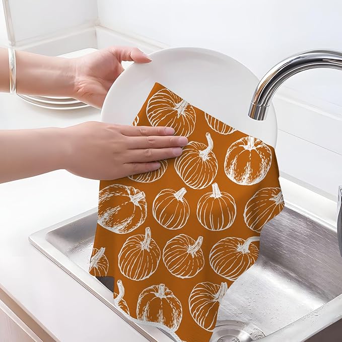 Fall Kitchen Towels 16x24 Inch Burnt Orange Pumpkin Decor Dish Towels Autumn Harvest Thanksgiving Seasonal Decoration Hand Towel Absorbent Dish Cloths for Home Kitchen Dining Set of 2