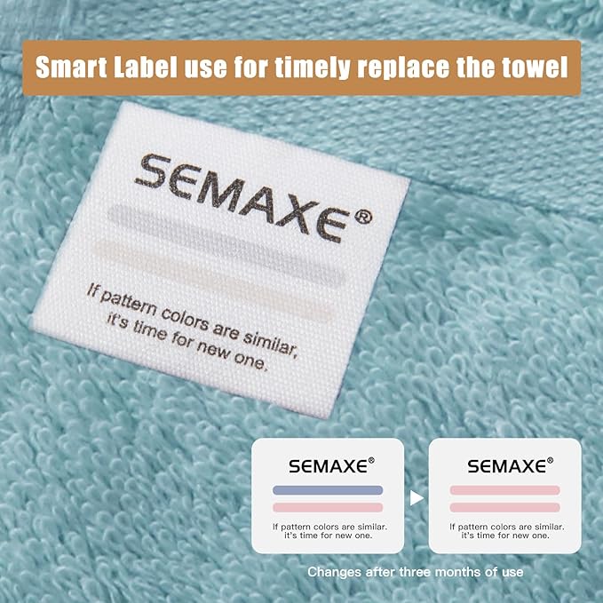 SEMAXE Bath Towel Set, 100% Cotton Bathroom Towels with Hanging Loops and Nano-Bio Lifecycle Labels, 8 Piece Towel Set Include 2 Bath Towels, 2 Hand Towels, 4 Washcloths, Blue