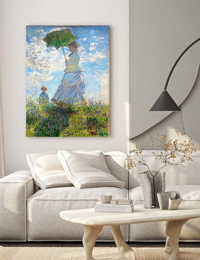 DECORARTS - The Walk, Woman with a Parasol (1875) by Claude Monet, Museum-Quality Giclee Canvas Print, Wall Art Reproduction, 30" W x 40" H, Made in USA