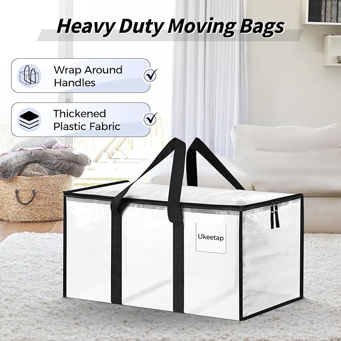 8 Pack Extra Large Heavy Duty Moving Bags, Clear Storage Bins with Lids, Reinforced Handles & Heavy-Duty Zippers Moving Boxes Storage Bags Totes for Clothes Packing, Dorms, College Supplies, Clear