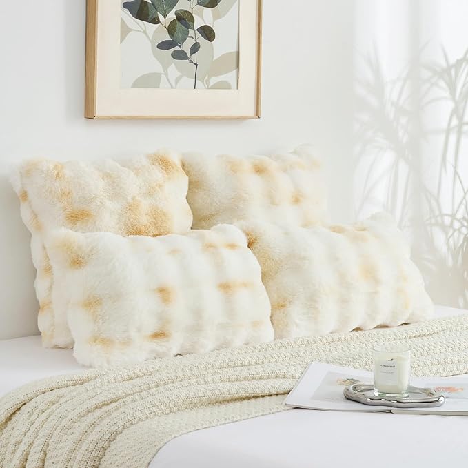 FUTEI Yellow White Decorative Throw Pillow Covers 20x20 Inch Set of 2,Soft Fuzzy Faux Rabbit Fur Cushion Covers with Raised Texture,Neutral Boho Home Decor for Couch Bed Living Room