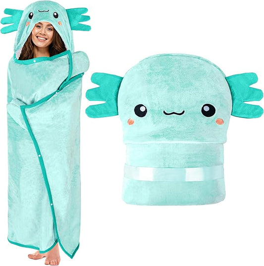 Axolotl Wearable Hooded Blanket for Adults - Super Soft Warm Cozy Plush Flannel Fleece & Sherpa Hoodie Throw Cloak Wrap - Axolotl Gifts for Women Adults and Kids