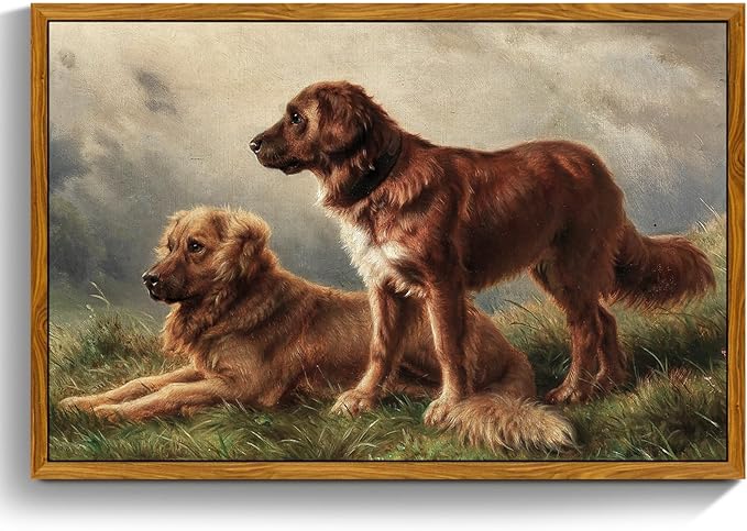 crmotu Framed Wall Art Prints, Still Life Dogs Vintage Decor Paintings, Meadow Golden Retriever Animal Canvas Pictures, Retro Rustic Home Decor Living Room Bedroom Kitchen Aesthetic Artwork 20x30in