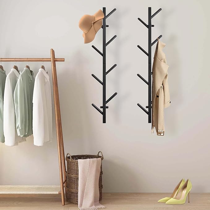 GAWAMAY Vertical Coat Rack Wall Mount Set of 2, Black Modern Metal Coat Hanging Cowboy Hat Rack for Wall, Mounted Coat Hooks Organizer for Hallway Entryway Bedroom Living Room Home Decor (H-33.4")