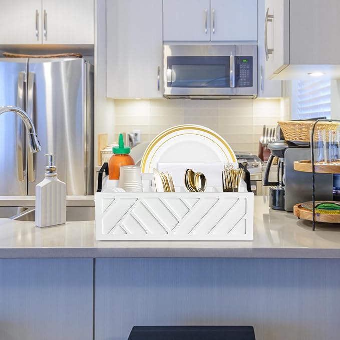 Paper Plate Dispenser and Holder for Kitchen Counter, Wood Rustic Silverware Utensil Caddy, Cutlery Flatware Organizer Box for Cups Spoons Forks Napkins, Kitchen Accessories (White)