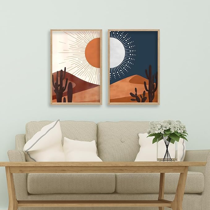 Sun and Moon Cactus Desert Landscape Wall Art Decor 16"x11" Modren Farmhouse Living Room Set of 2 Botanical Prints Wooden Framed Bedroom Boho Multicolor Minimal Wall Hanging Sign (Wood)
