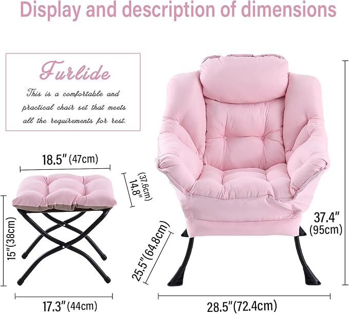 Lazy Chair with Ottoman, Modern Chair with Folding Footrest, Lounge Accent Chair, Comfortable Reading Chair, Oversized Armchairs for Bedroom, Study, Living Room, Courtyard (Pink