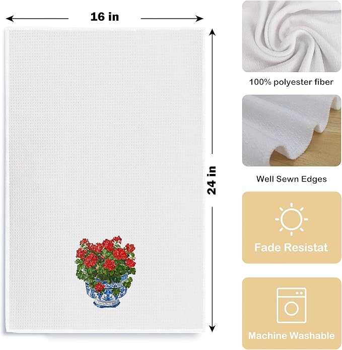 Chinoiserie Blue and White Geranium Porcelain Towels - Kitchen Dish & Bath Hand Towels (16x24 Inches, 8)