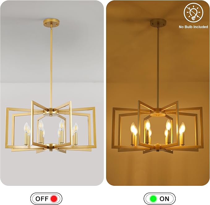 8-Light Modern Farmhouse Gold Geometric Chandelier, Large Industrial Metal Kitchen Light Fixtures, Rustic Cage Hanging Lights for Dining Room Entryway Foyer Living Room Stairway