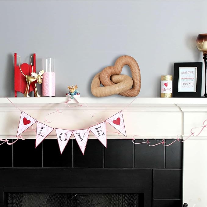 Guichifun Couple Gifts Modern Farmhouse Decor - Resin Heart Sculpture Home Wood Finish Chain Link Décor Love Statues Anniversary Wedding Gifts 8 x 7 x 5.5 Inch