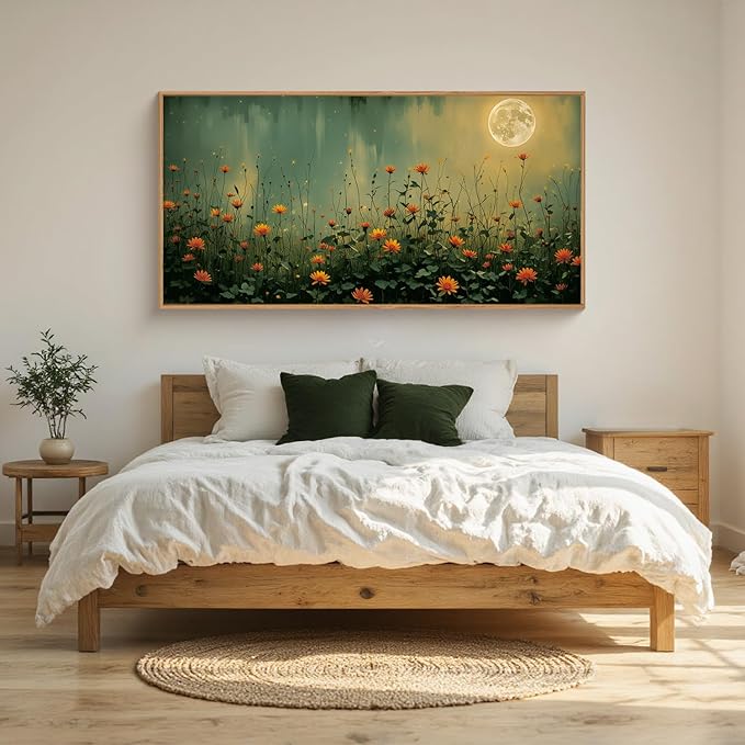 HOURIA Mystical Midnight Wildflower Framed Canvas Wall Art Set,Moonlit Orange Floral Wall Decor,Nature Inspired Landscape Artwork,Watercolor Art Prints for Living Room,Bedroom,Farmhouse- 20"×40"×1