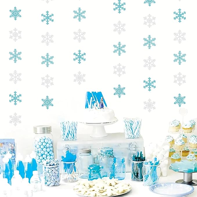 Snowflake-Snow Teal-Silver Christmas Party-Decorations Garland - 6pcs Winter Wonderland Girl Frozen Birthday Hanging Decoration Streamers Banner, Snow White New Year Supplies Holiday Decor Panduola