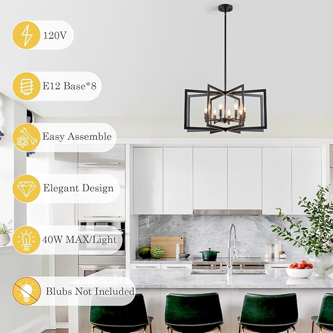 26'' Black Chandelier, Modern Farmhouse 8-Light Pendant Lighting Fixture for Dining Living Room Kitchen Entryway, Geometric Metal Large Adjustable Hanging Chandelier Lamp