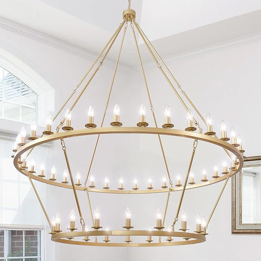 60 Inch Gold Wagon Wheel Chandelier, 2 Tier 54-Lights Large Farmhouse Chandeliers for High Ceilings, Extra Large Industrial Brushed Gold Pendant Lights for Foyer Hallway Dining Room Living Room