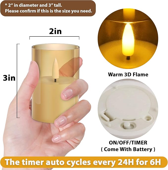 12Pack Flickering Flameless LED Candles with Timer, Battery Powered - Small Pillar & Votive, Acrylic Made, Gold (2"X3")
