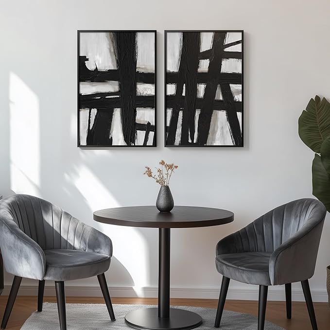 Framed Black and White Abstract Wall Art, 2 Piece Modern Canvas Prints Paintings Artwork for Walls, Minimalist Black Lines Pictures for Living Room Fireplace Dining Room Bedroom Wall Decor 16x24 In