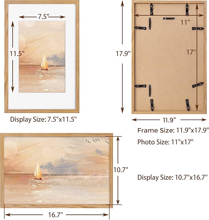 11x17 Picture Frame Set of 3, Solid Oak Wood Photo Frame 11"x17", 11 by 17 Poster Frames for Wall, 11 x 17 Frame with Mat for 8 x 12, Tempered Real Glass, 11x17 Inch Wood Frame (Oak Color, 3 Pack)