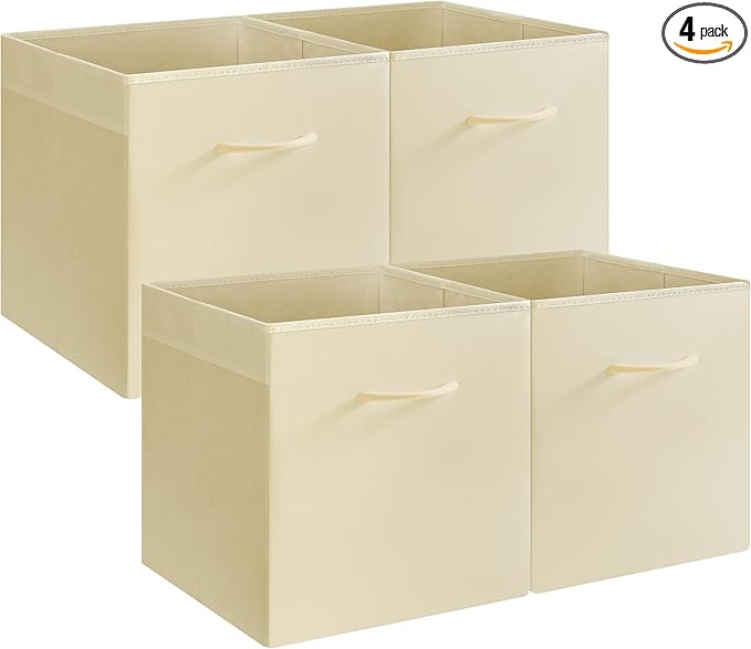 StorageWorks Beige Storage Cubes, 13x13 Storage Cube Bins with Handle, Cube Storage Organizer Bins for Shelves and Closet, Collapsible Storage Bins, 4-Pack