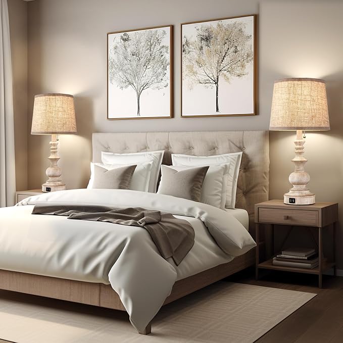 Table Lamps for Bedrooms Set of 2 Farmhouse Bedside Lamps for Nightstand with USB Charging Ports Traditional Side Table Lamps for Living Room Wooden Finish, Pull Chain, Bulbs Not Included