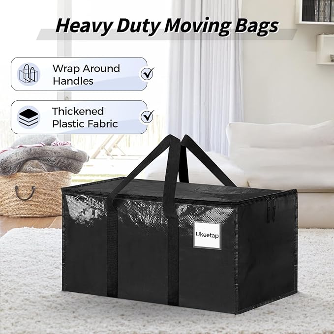 16 Pack Extra Large Heavy Duty Moving Bags, Black Storage Bins with Lids, Reinforced Handles & Heavy-Duty Zippers Moving Boxes Storage Bags Totes for Clothes Packing, Dorms, College Supplies, Black