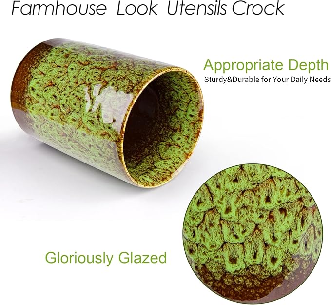 Utensil Holder, Ceramic Kitchen Utensil Holder for Countertop, Large Cooking Utensil Crocks for Kitchen Counter, Morden Utensil Organizer for Spatula, kitchen Decor,Green